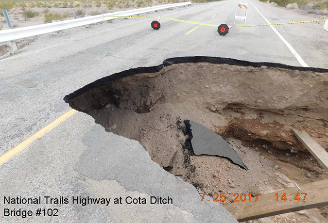 A deep collapsed section of National Trails Highway at Cota Ditch.