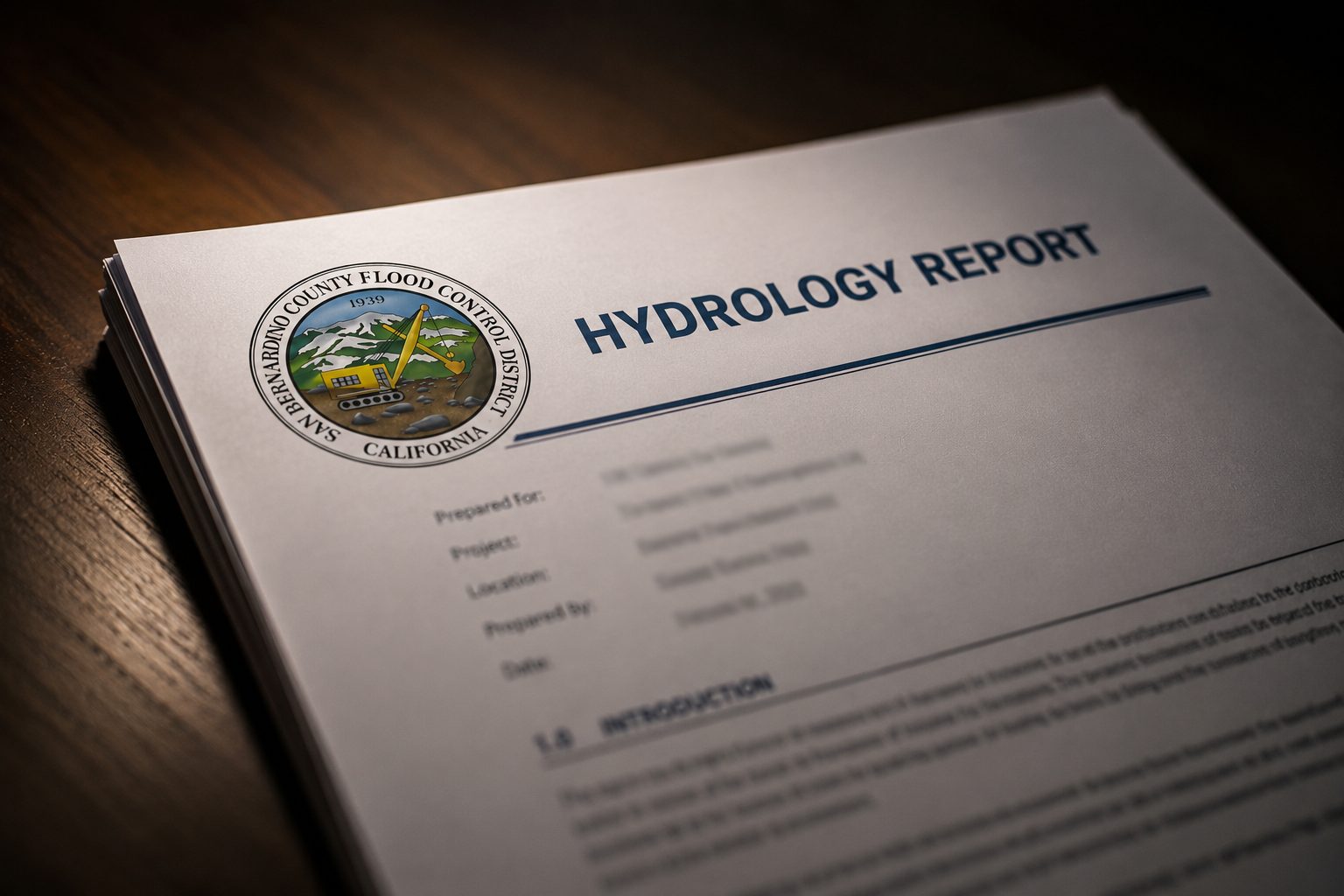 dramatically lit hydrology report on desk